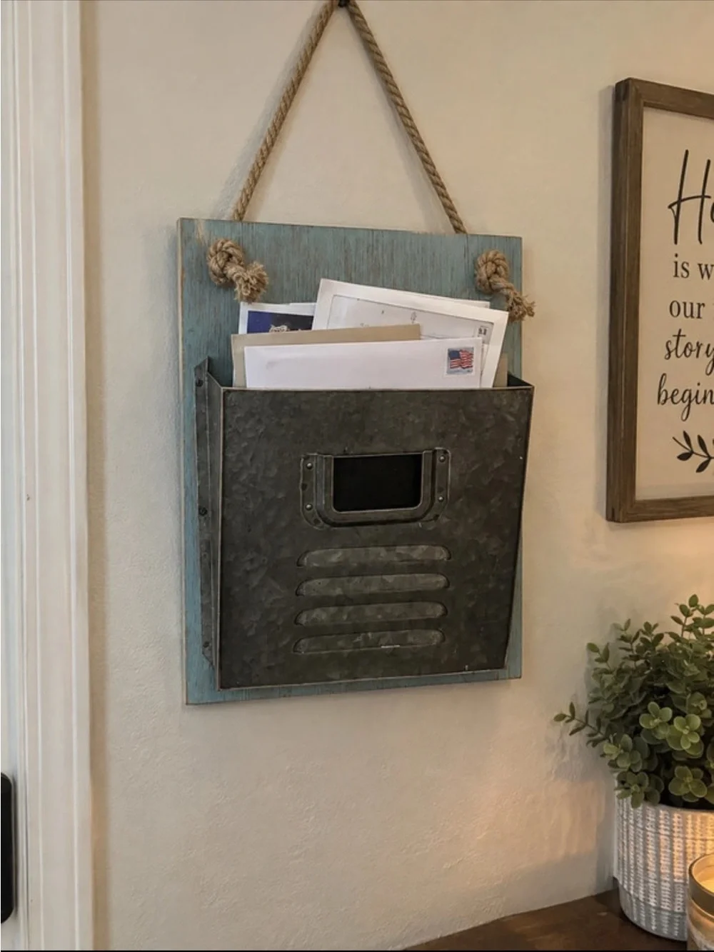 Wall-Mounted Mail Organizer - Blue Wood with Metal Pocket